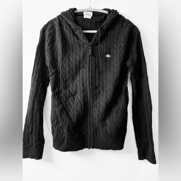Lacoste Women’s Cable Knit Zip-Up Hoodie Cardigan, Cotton, Black, Sz 44 (=Large) - Picture 3 of 10